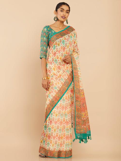 women's geometric beige colored saree with blouse - 18933293 - Very Small Image - 1