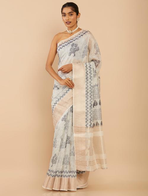 women's leaf print off white colored saree - 18933354 - Very Small Image - 1