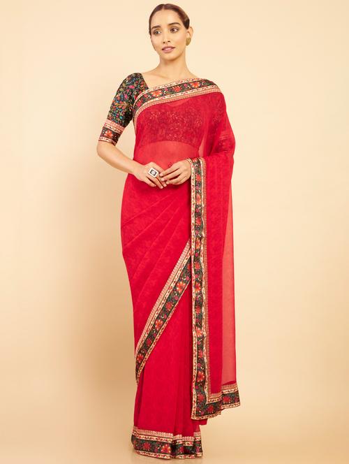 red jamdani saree with blouse - 18933356 - Very Small Image - 1