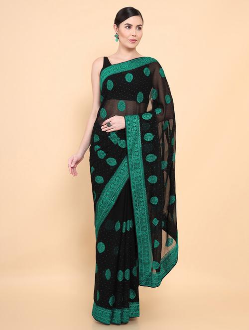 women's block print black colored saree - 18933363 - Very Small Image - 1
