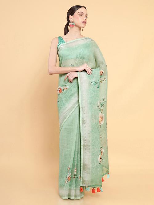 women's floral sea green colored saree with blouse - 18933425 - Very Small Image - 1