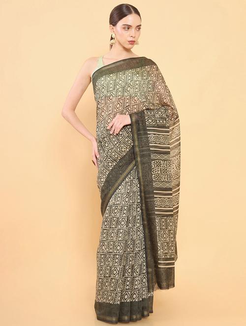 olive chanderi jamdani saree - 18933446 - Very Small Image - 1