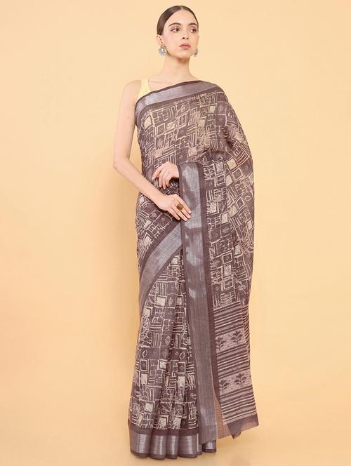 women's printed brown colored saree with blouse - 18933463 - Very Small Image - 1