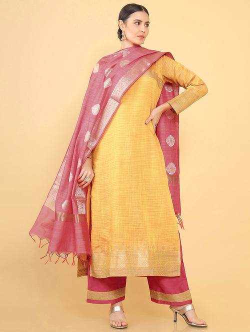 yellow cotton blend unstitched suit - 18934887 - Very Small Image - 1
