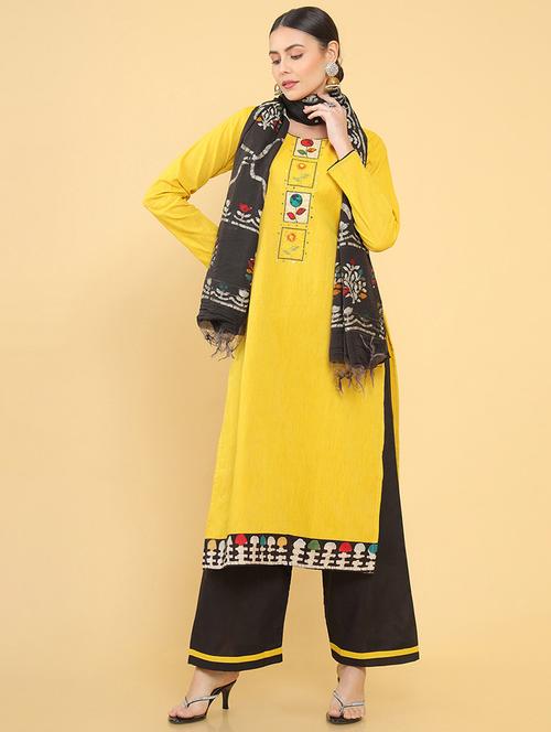 yellow coloured jacquard salwar unstitched suit - 18934894 - Very Small Image - 1