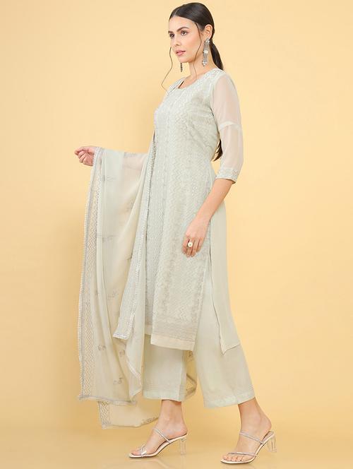 white coloured jacquard salwar unstitched suit - 18934896 - Very Small Image - 1