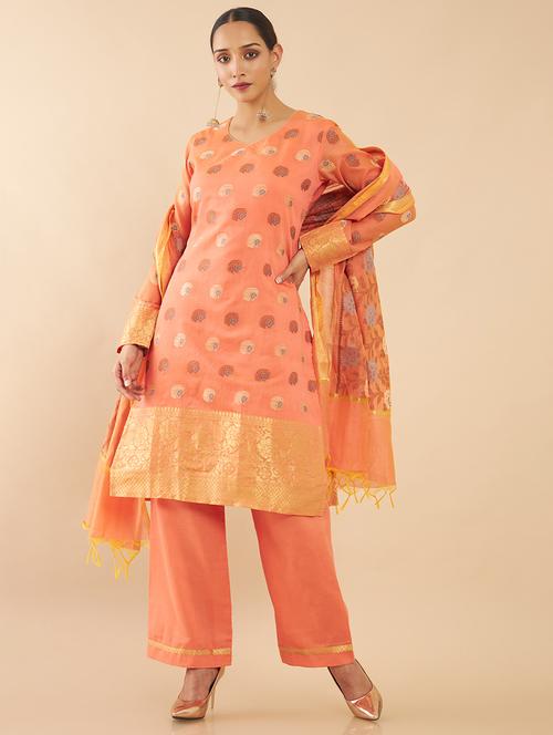 orange coloured jacquard salwar unstitched suit - 18934913 - Very Small Image - 1