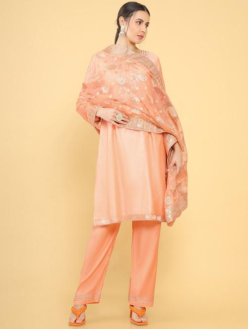 peach coloured embroidered salwar unstitched suit - 18934958 - Very Small Image - 1