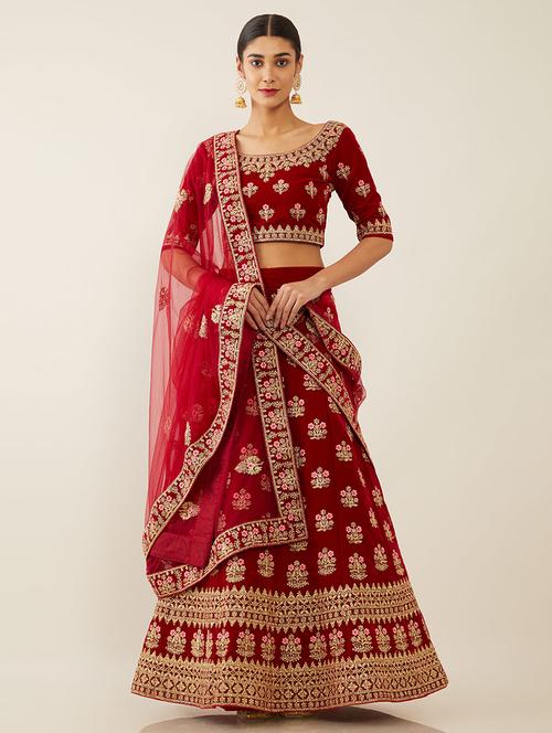 red coloured embroidered work lehenga unstitched suit - 18934988 - Very Small Image - 1