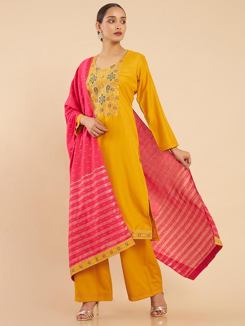 yellow coloured embroidered salwar unstitched suit - 18935036 - Very Small Image - 1