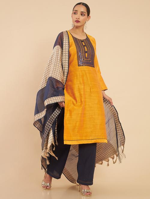 mustard coloured embroidered salwar unstitched suit - 18935040 - Very Small Image - 1