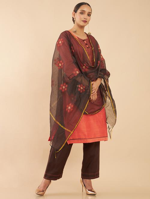 orange coloured embroidered salwar unstitched suit - 18935054 - Very Small Image - 1