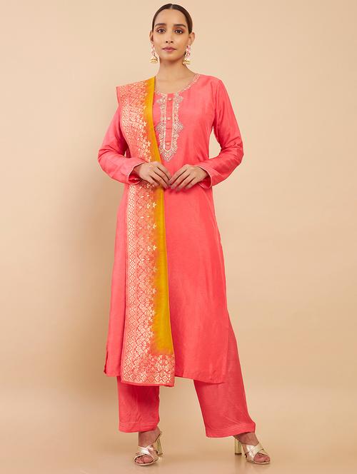 orange embroidered lehenga unstitched suit - 18935070 - Very Small Image - 1