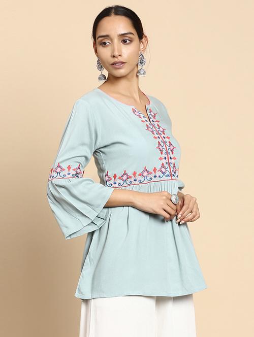 light blue embroidered rayon a-line tunic - 18935298 - Very Small Image - 1