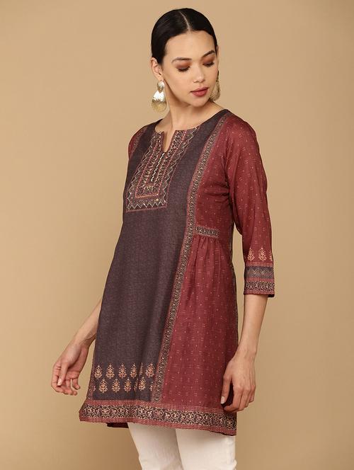 maroon crepe placement print a-line tunic - 18935306 - Very Small Image - 1
