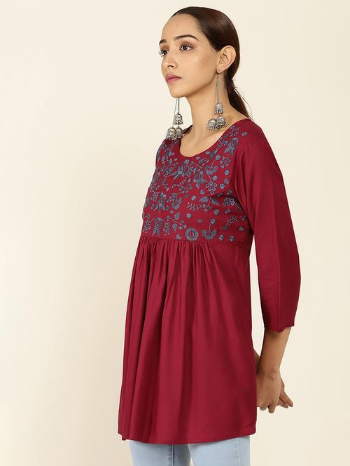 maroon embroidered rayon a-line tunic - 18935355 - Very Small Image - 1