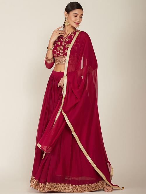 maroon silk flared lehenga - 18935540 - Very Small Image - 1