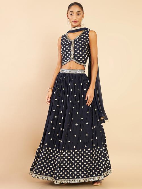 navy blue chiffon flared lehenga - 18935556 - Very Small Image - 1