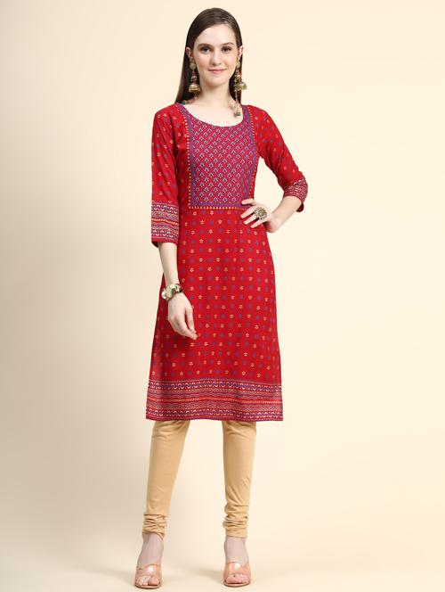 red rayon straight kurti - 18941525 - Very Small Image - 1