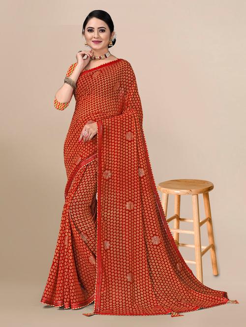 orange coloured printed saree with blouse - 18958815 - Very Small Image - 1
