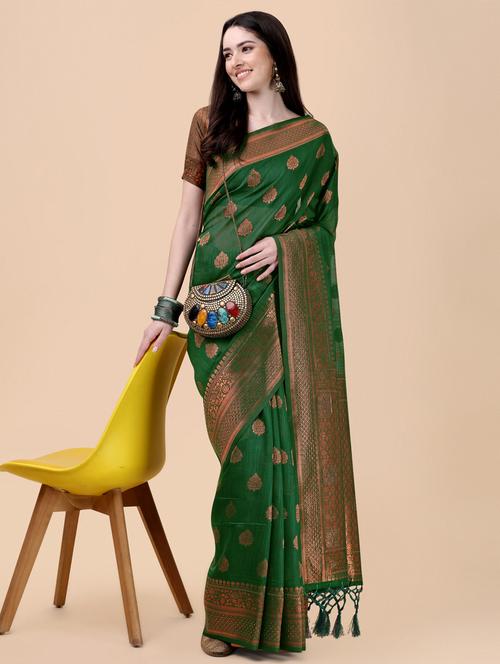 green coloured jacquard saree with blouse - 18958817 - Very Small Image - 1
