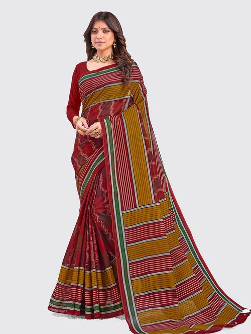 red cotton printed saree - 18959001 - Very Small Image - 1