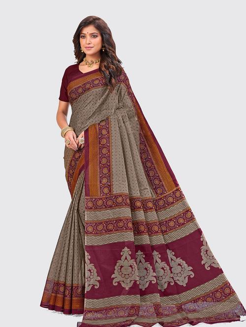 grey cotton printed saree - 18959003 - Very Small Image - 1