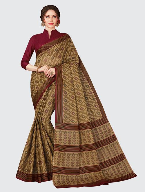 beige cotton printed saree with blouse - 18959027 - Very Small Image - 1