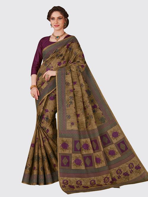 beige cotton printed saree with blouse - 18959030 - Very Small Image - 1