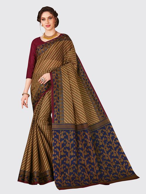 blue cotton printed saree with blouse - 18959039 - Very Small Image - 1