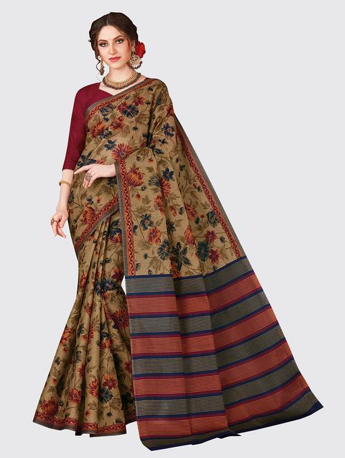 beige cotton printed saree with blouse - 18959046 - Very Small Image - 1