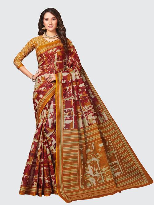 gold cotton printed saree with blouse - 18959088 - Very Small Image - 1