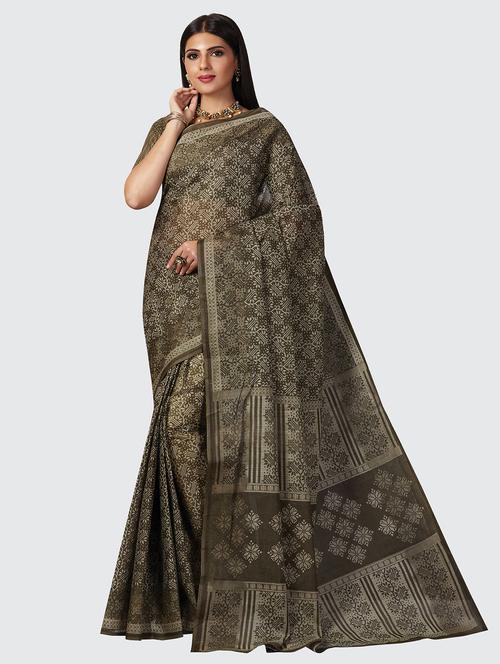dark green cotton printed saree - 18959092 - Very Small Image - 1