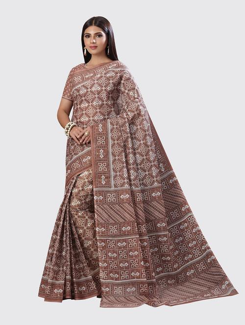 brown cotton printed saree with blouse - 18959109 - Very Small Image - 1