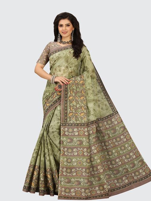green cotton printed saree - 18959114 - Very Small Image - 1