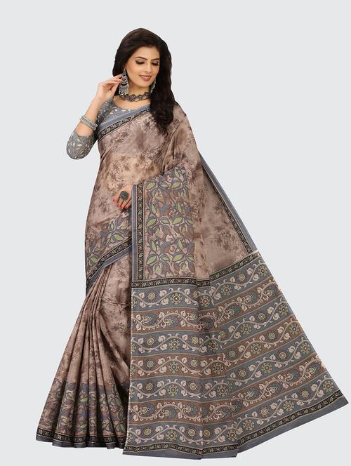 grey cotton printed saree with blouse - 18959115 - Very Small Image - 1