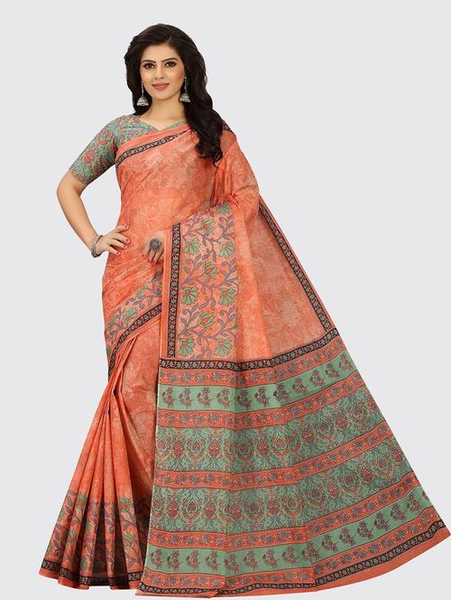 orange cotton printed saree with blouse - 18959118 - Very Small Image - 1