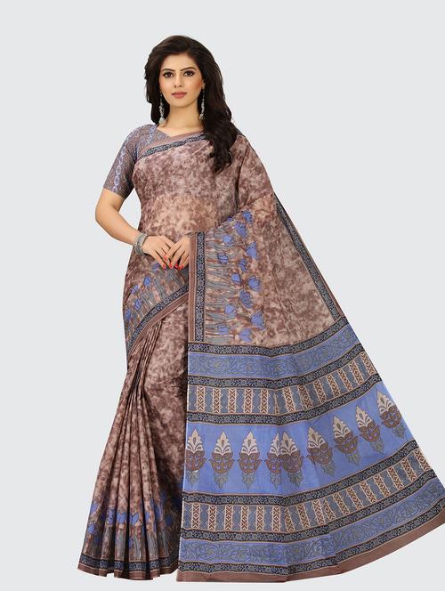 beige cotton printed saree with blouse - 18959122 - Very Small Image - 1