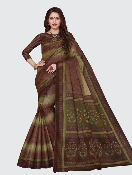brown cotton printed saree with blouse - 18959143 - Very Small Image - 1