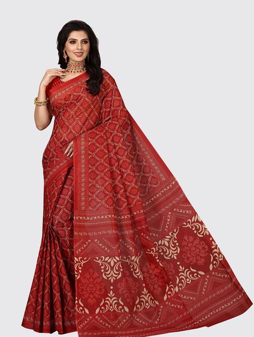 red cotton printed saree with blouse - 18959151 - Very Small Image - 1