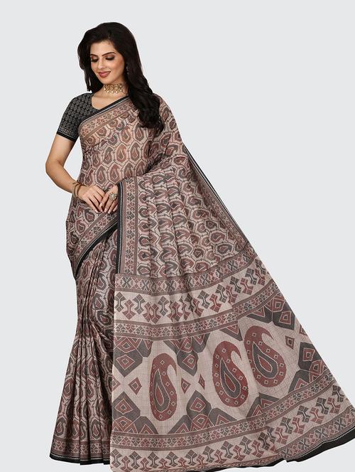 beige cotton printed saree with blouse - 18959152 - Very Small Image - 1
