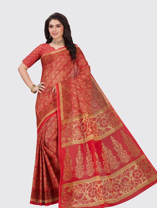 red cotton printed saree with blouse - 18959180 - Very Small Image - 1