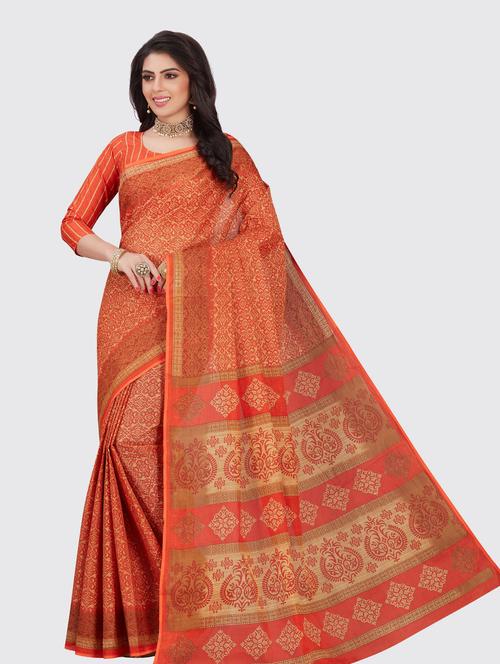 orange cotton printed saree - 18959195 - Very Small Image - 1