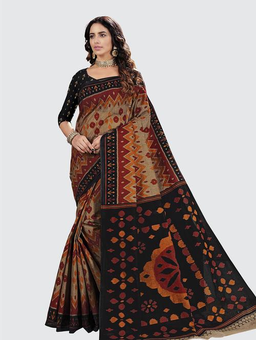 beige cotton printed saree with blouse - 18959202 - Very Small Image - 1