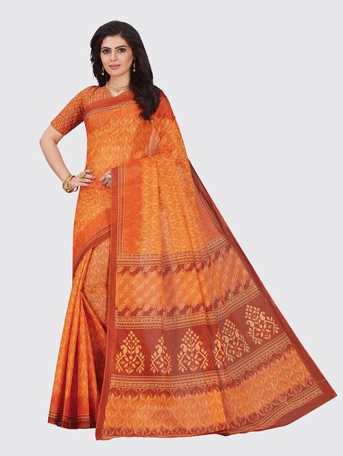 orange cotton printed saree with blouse - 18959210 - Very Small Image - 1