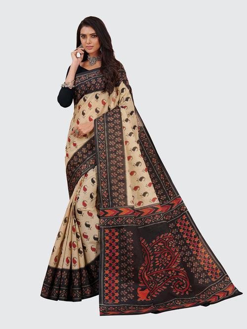 beige cotton printed saree with blouse - 18959235 - Very Small Image - 1