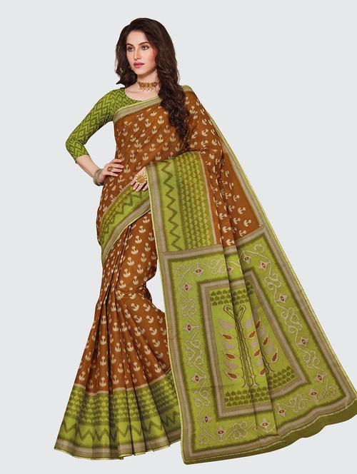brown cotton printed saree with blouse - 18959238 - Very Small Image - 1