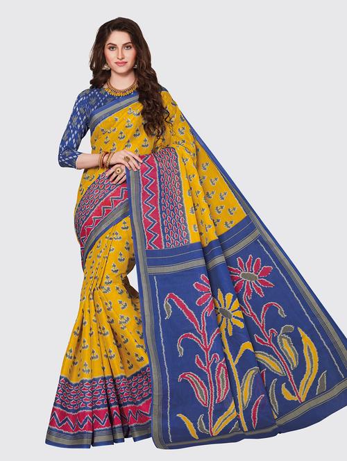 yellow cotton printed saree with blouse - 18959241 - Very Small Image - 1