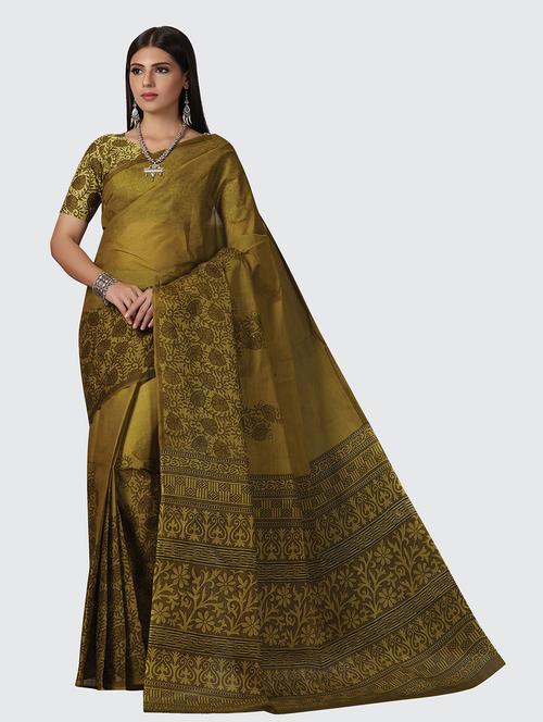 dark green cotton printed saree with blouse - 18959274 - Very Small Image - 1