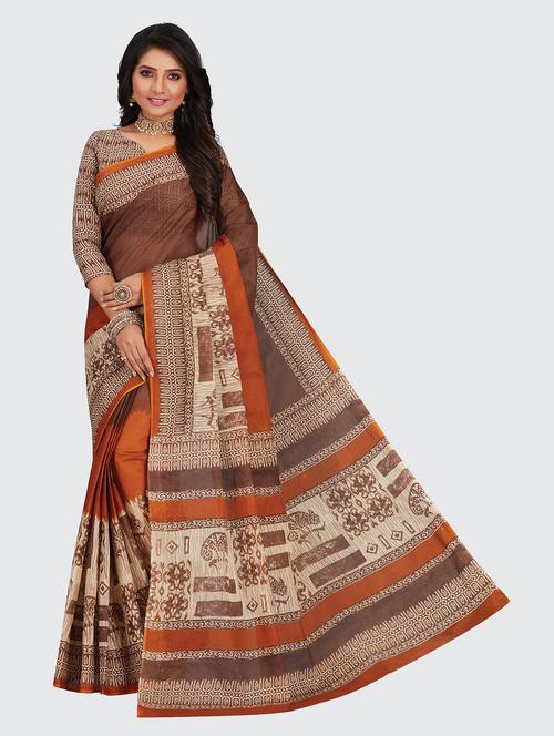 brown cotton printed saree - 18959276 - Very Small Image - 1